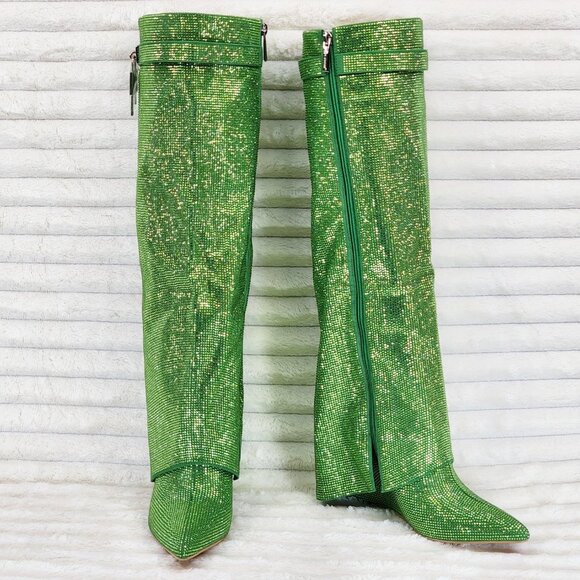 Super Sparkle Sharky Green Rhinestone Skirted Fold Over Wedge Heel Knee Boots - Picture 9 of 14